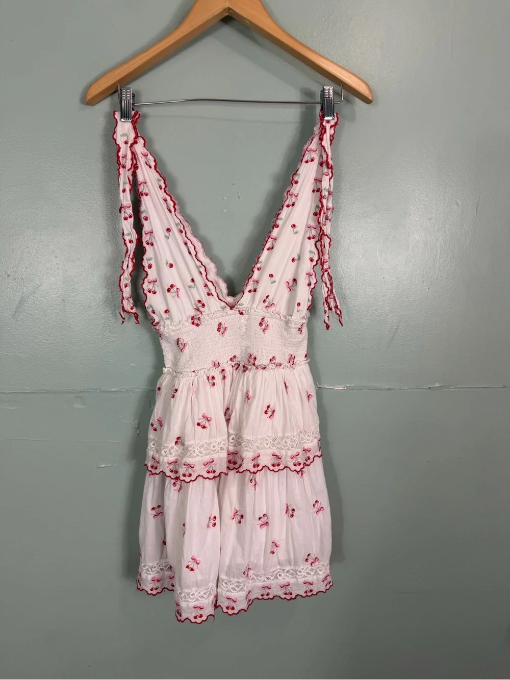 LoveShackFancy Soira Mini Dress Cherry Print XS Ruffle White Red